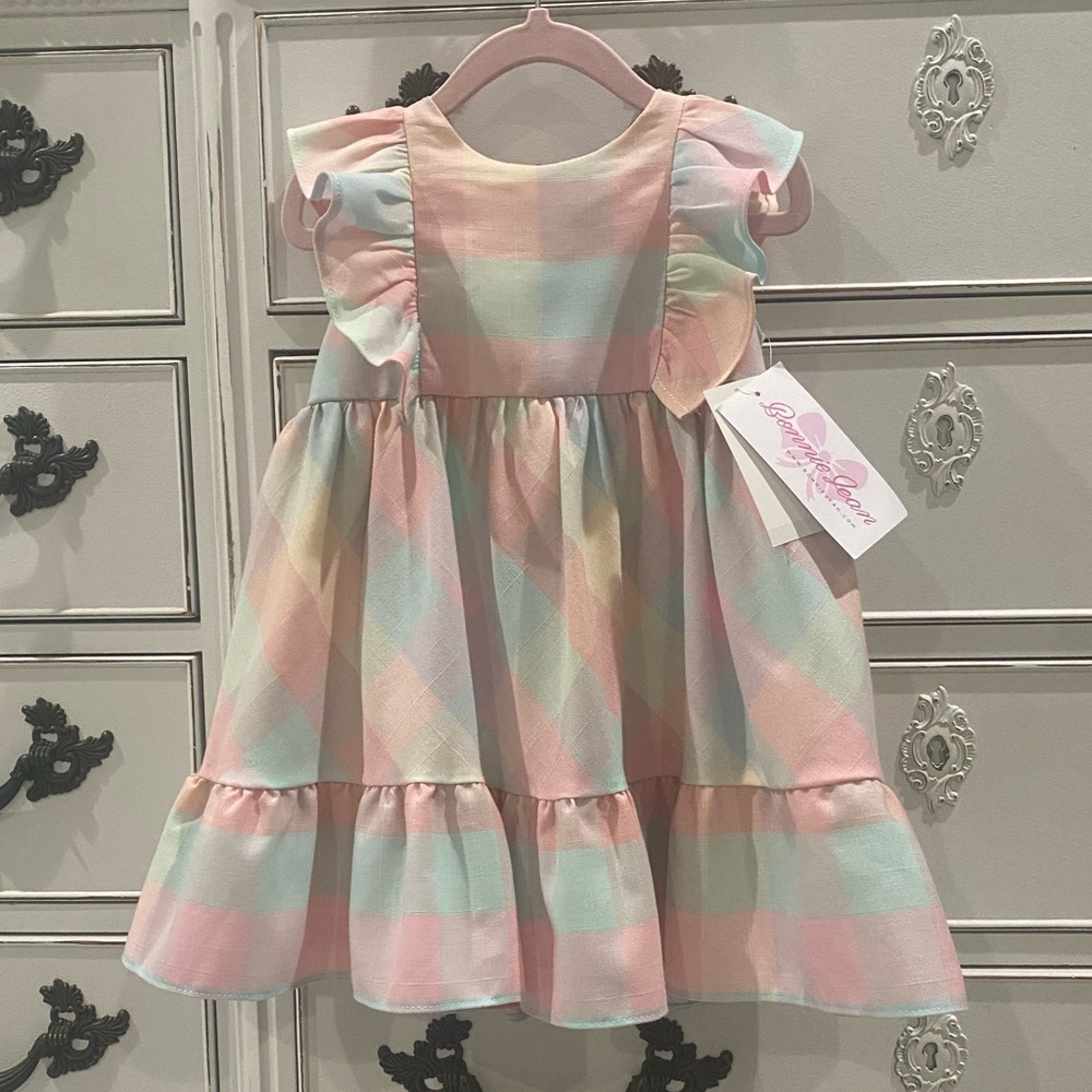 NEW Girls 2T Bonnie Jean Pastel Plaid Ruffle Sleeve Dress